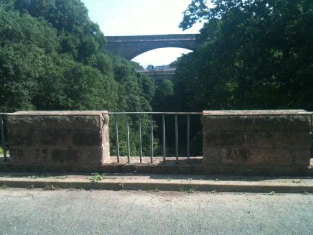 A deep gorge between East Lothian and the Scottish Borders with 2 road bridges and a train bridge.